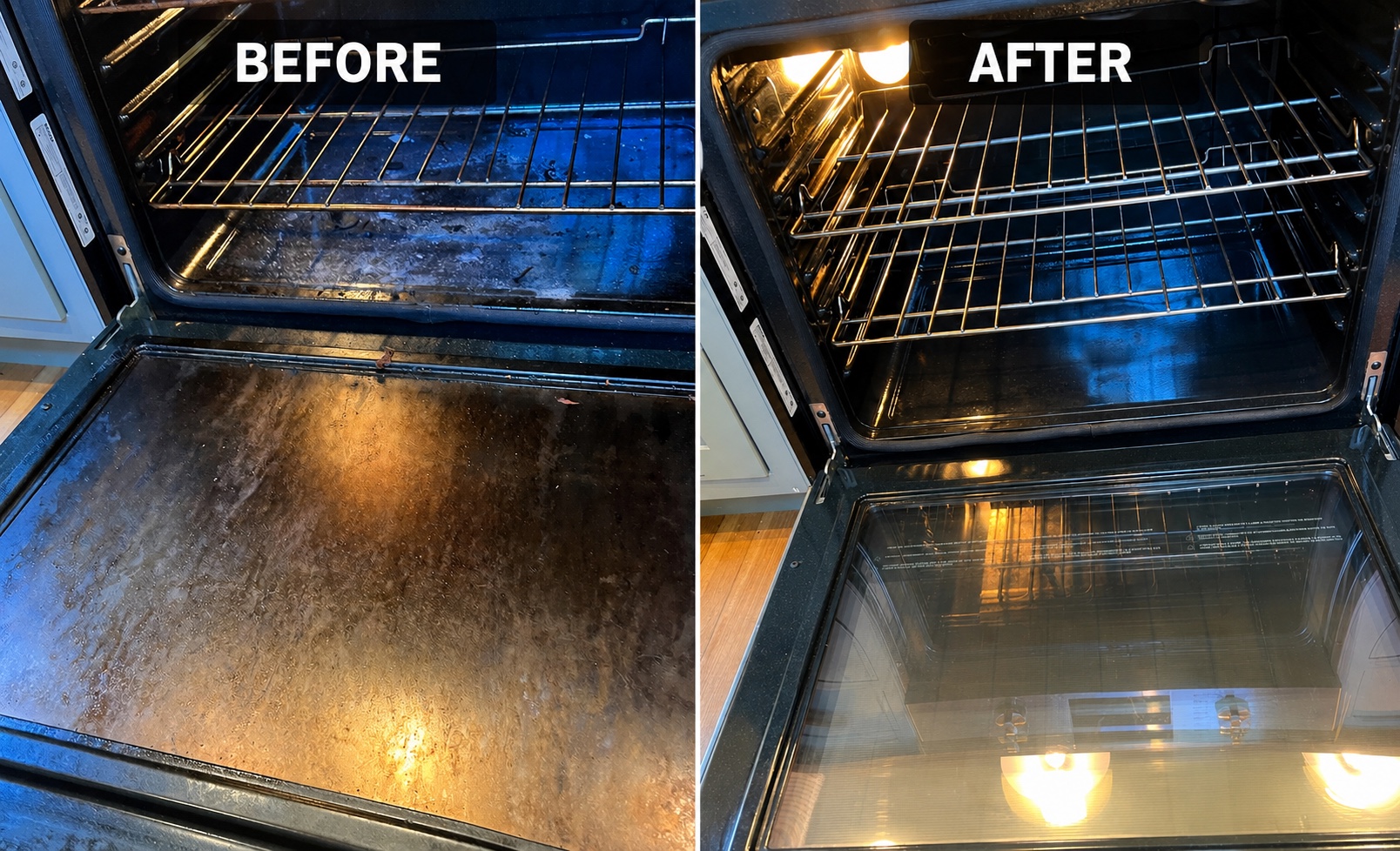 Side-by-side before and after photos of an oven interior cleaned by Rios Cleaning Services